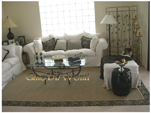 This is the complementing Custom designed Area Rug with a sisal field and fabric borders, same house, Naples, FL